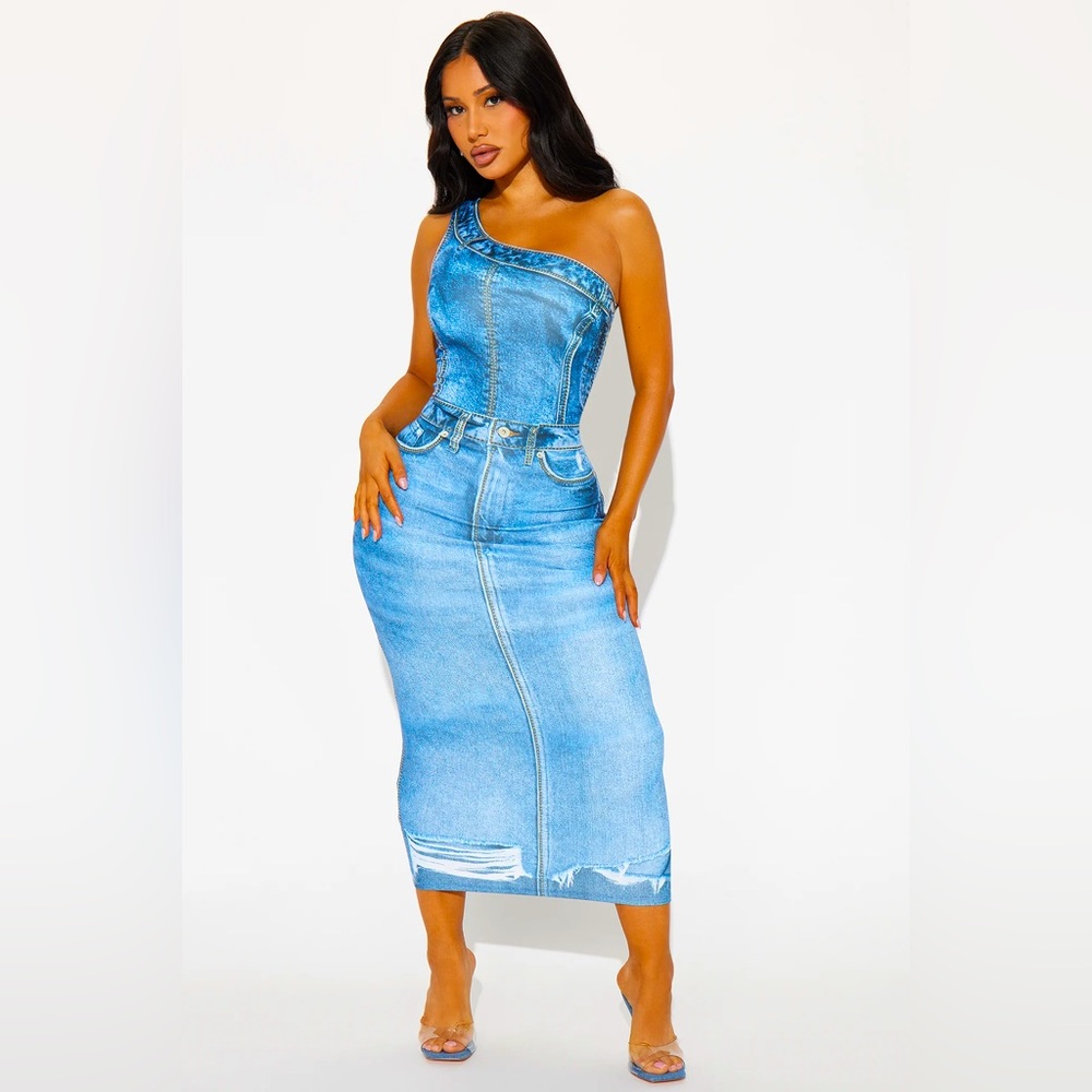 One-Shoulder Denim Print Large  Dress Blue 95% Polyester 5%Spandex